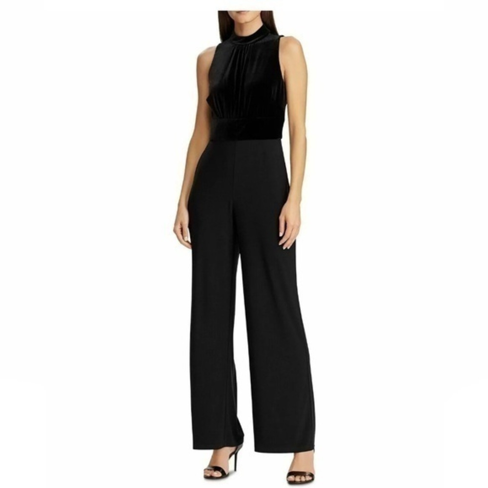 Ralph Lauren Black All Jersey Stretch Mock Neck Wide Leg Jumpsuit 10 WW2